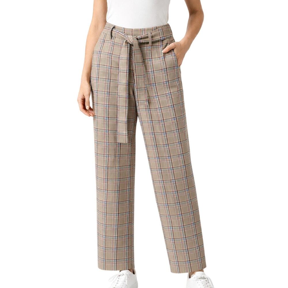 A New Day Beige Plaid High Rise Tie Waist Straight Leg Pants Trousers Size 4